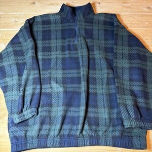 Vintage Bugle Boy 1/4 Zip Fleece Jacket Mens Size XL Blue Green Plaid